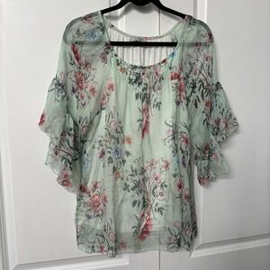 Angela Moda Silk Shirt Womens M Ruffle Sleeve Sheer Floral Resortwear Vacation